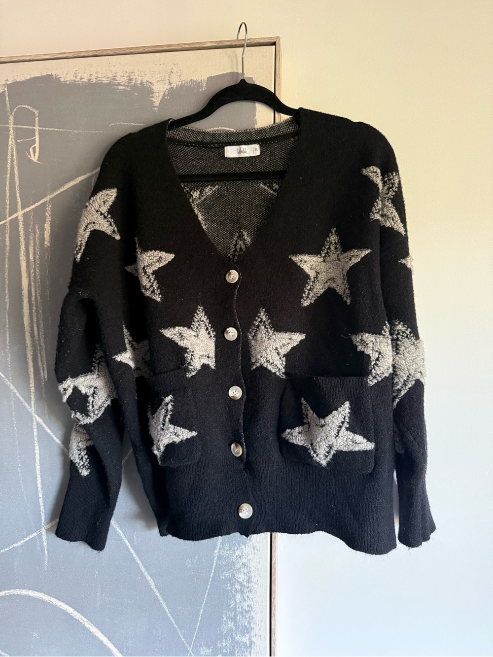 Talulah Black Star-Print V-Neck Cardigan Sweater